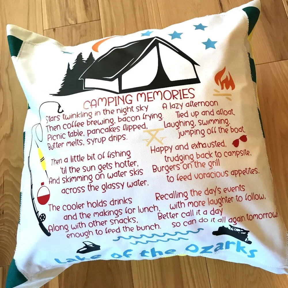 Fishing Boating Pillow Cover: Lake of Ozarks Tent Camping Lakehouse Decor, 18x18